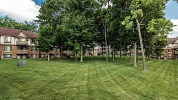 A grassy field with trees and apartment buildings in the background